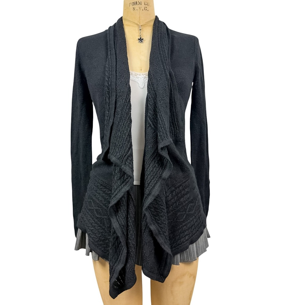 Whimsygoth Y2K Ruffle Open Cardigan Cable Knit Draped Dark Academia Goth Black S